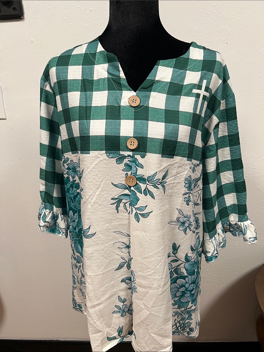 Womens Green Plaid & Floral Button-Front Tunic Top Light Weight